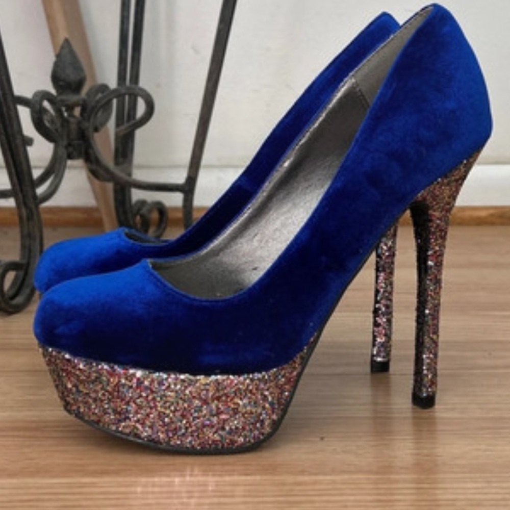 Qupid Blue Velvet Heels with Glitter Accents